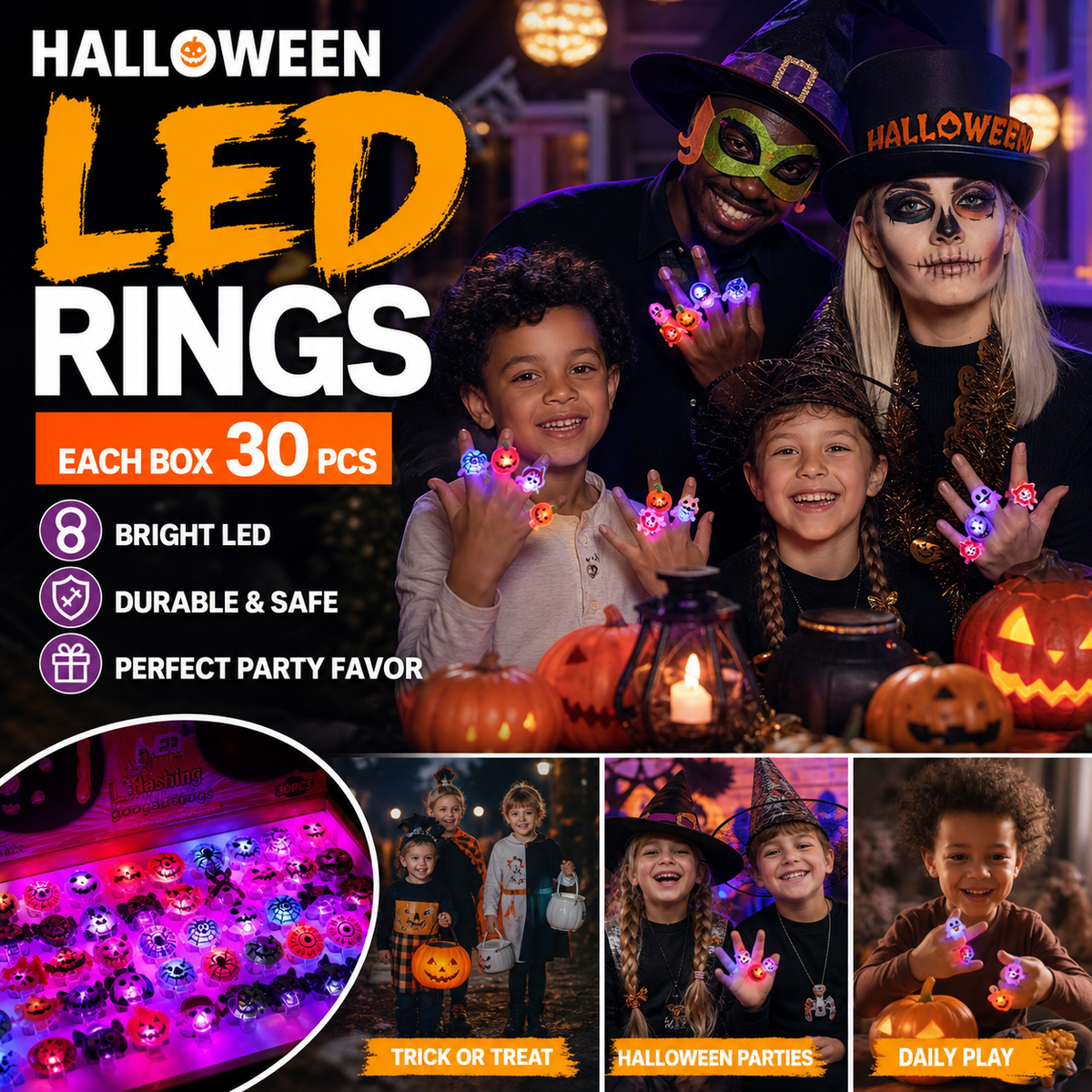 🔥🎃Spooky Season Hot Sale 50% OFF:＄19.99‼️✨LED Light Halloween Glowing Ring 💍| Flashing Light‑Up Party Favor for Halloween Night👻
