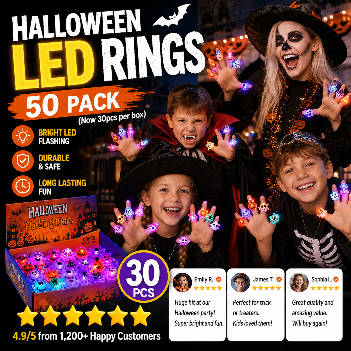 🔥🎃Spooky Season Hot Sale 50% OFF:＄19.99‼️✨LED Light Halloween Glowing Ring 💍| Flashing Light‑Up Party Favor for Halloween Night👻