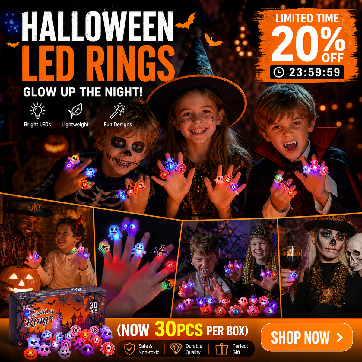 🔥🎃Spooky Season Hot Sale 50% OFF:＄19.99‼️✨LED Light Halloween Glowing Ring 💍| Flashing Light‑Up Party Favor for Halloween Night👻